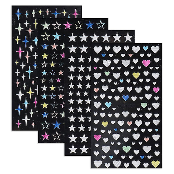 5d tredimensionella präglade nagelkonsttillbehör självhäftande hjärtformade stjärnnaglar konstdesign Diy, 4 ark, 10,5*6cm