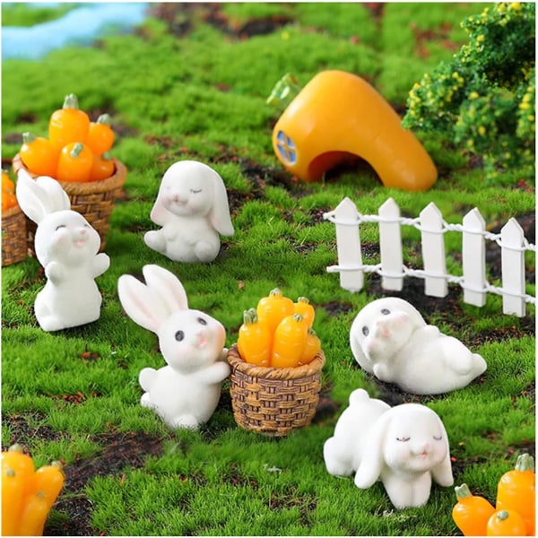 Minikokoiset pupu-porkkana koristeet, minipupufiguurit, puutarhan mikromaisema, eläinkoristeet, tarvikkeet kotiin, puutarhaan, nurmikolle, sisätiloihin White 5 Pieces Set