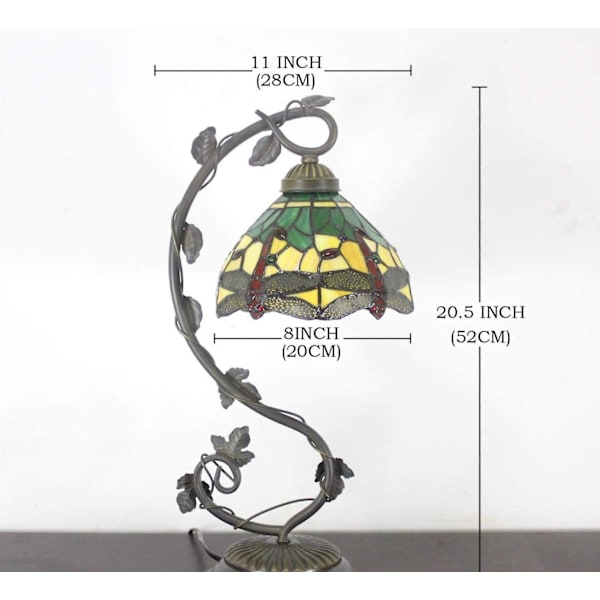 Grön gul bordslampa i Tiffany-stil med metallblad, 8x10x21 tum, skrivbordslampa, dekor för små utrymmen, sovrum, hemmakontor