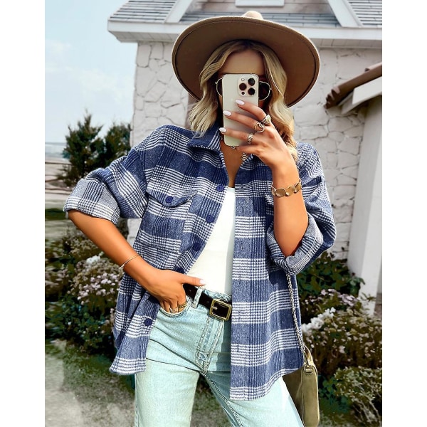 Landlig Plaid Skjorte 2023 Efterår Og Vinter Cardigan Lang Frakke Top Dame Mode Løs blue XL