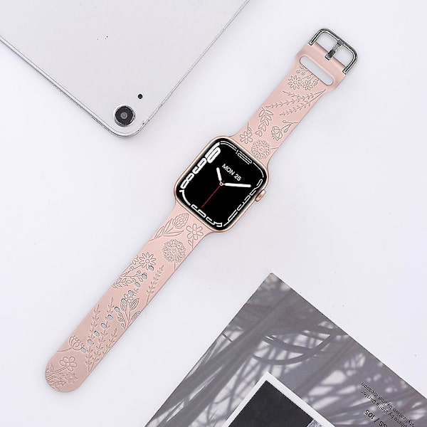 1 Pack Blomgraverad Sportrem Kompatibel Med Apple Watch Armband 38mm 40mm 41mm, Kvinnors Blommig Laser Mjuk Silikon Armband Ersättning Iwatch Pink 38mm 40mm 41mm