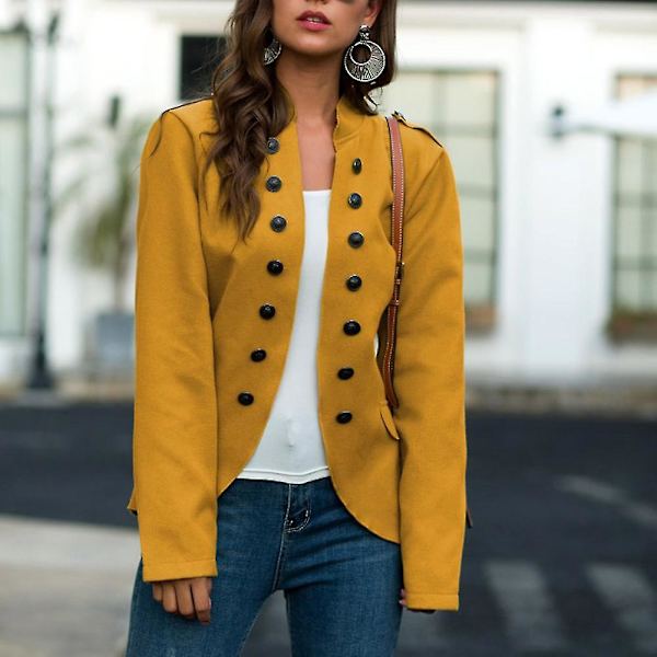 Kvinnor Knapp Blazer Ståkrage Casual Ytterkläder Oregelbunden Fåll Rockar Med Fickor Ny L C