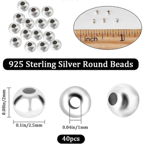 1 Ask 40 st 2,5 mm Runda Distanspärlor Sterling Silver Lösa Pärlor Små Hål Distanspärlor Fynd