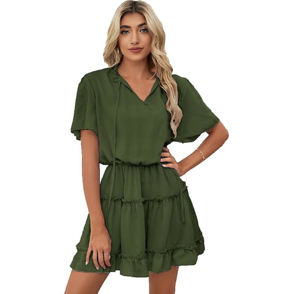 Dame V-hals Flæse Chiffon Kjole Green L
