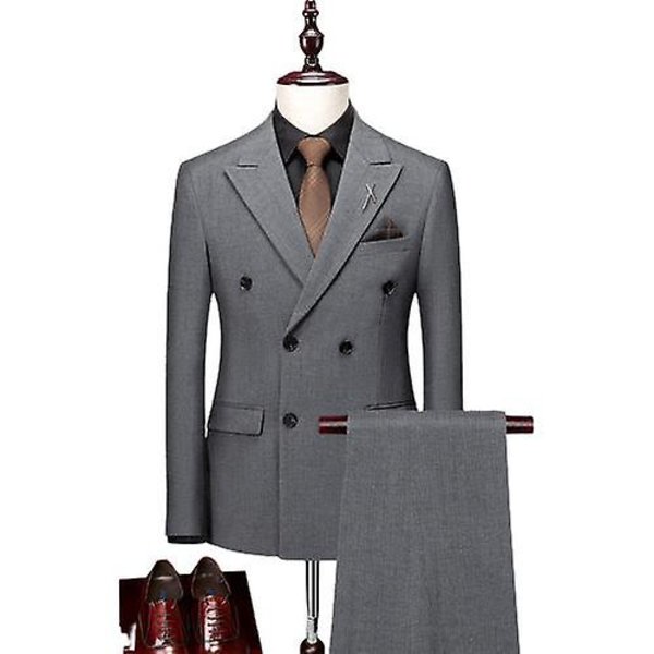 Miesten Ruudullinen 3-osainen Puku Slim Fit, Kaksoisrintainen Ruudullinen Pukusetti Light Grey XS