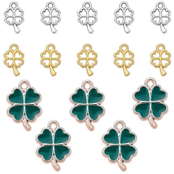90 st Klöver Hänge Berlock Set 30 st Plast Emalj Gröna Hängen med 60 st 2-Färgs Legering Fyrklöver Berlocker för Halsband Armband Smyckestillverkning
