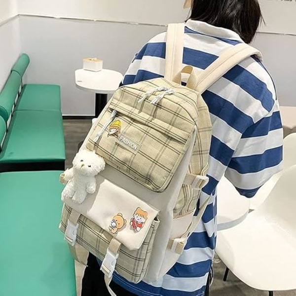 Skolryggsäckar i canvas, kombinationsset, kawaii-skolryggsäck för flickor, studenter beige