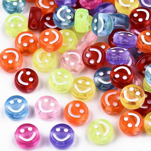 100 stk. transparente akrylperler, flate runde med hvitt smilende ansikt, blandet farge, 10x5 mm, hull: 2 mm