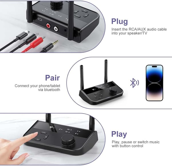 Bluetooth Audio Adapter, Bluetooth 5.3 Sender Mottaker, 2-i-1 Dobbel Tilkobling Audio Bluetooth Mottaker
