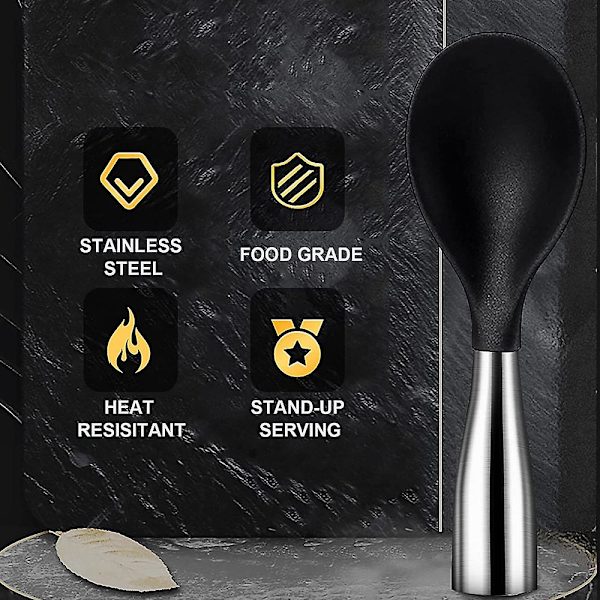 Stående rissked med rostfritt stål och silikon, ej rostande risskopa, non-stick risspatel black