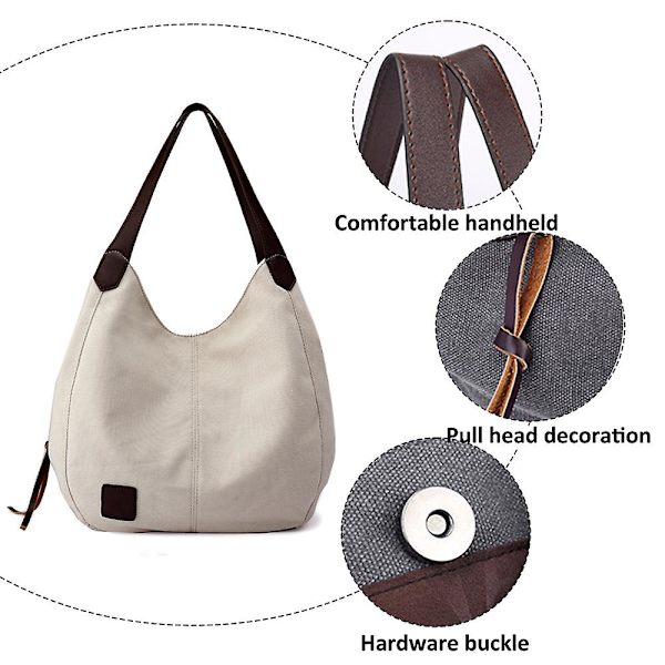 Dam Multi Pocket Axelväska, Canvas Handväska Handväska, Enstaka Axelväska, Artistisk Och Minimalistisk White*Grey