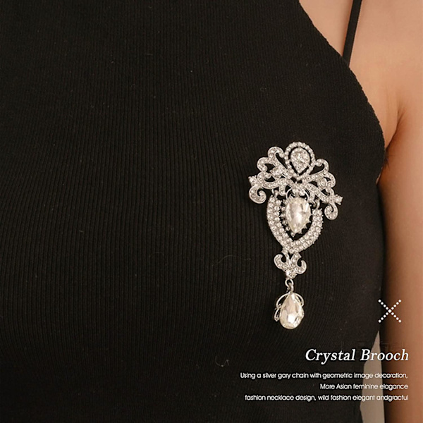 Hängande kristall strass brosch silver droptear brosch pin stor statement brosch bröllop smycken för kvinnor och flickor (silver-crowm)