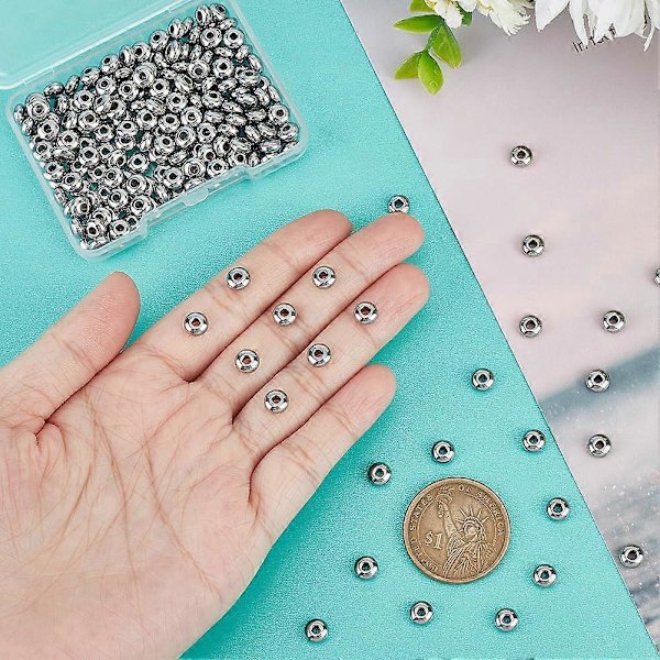 200 stk. 6 mm Rondelle Perler Rustfrit Stål Spacer Perler Flade Runde Løse Perler Små Metal Perler Tilbehør til DIY Armbånd Halskæde Smykkefremstilling