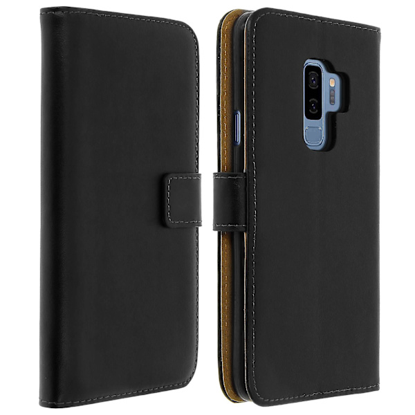 Læder Folio Etui til Galaxy S9 Plus, Video Stand Ægte Læder Sort