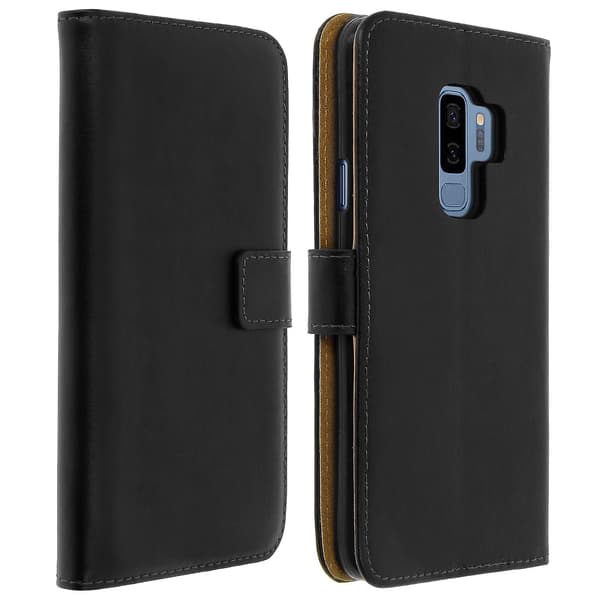 Läderfodral för Galaxy S9 Plus, Videoställ Äkta Läder Svart