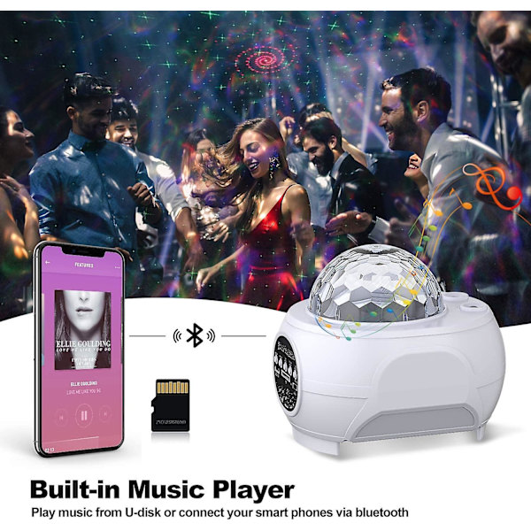 Stjernehimmel Projektor, LED Nebula, 3-i-1 Musikalsk Natlampe, Indbygget Bluetooth Højttaler & Fjernbetjening, Hvid