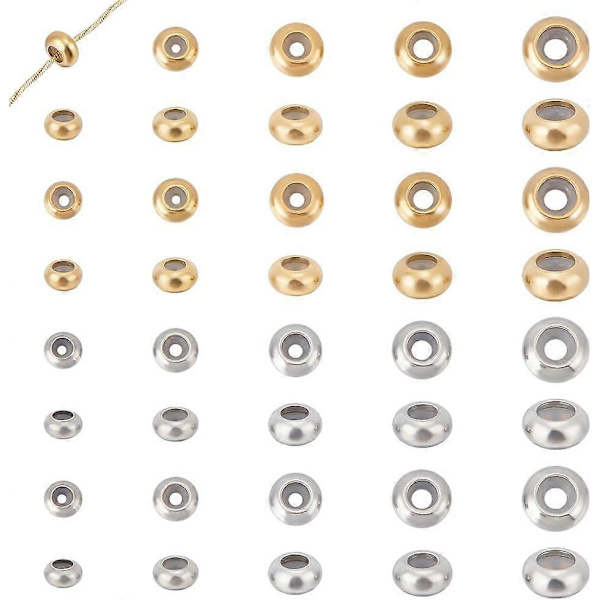 40 st 2 Färger 5 Storlekar Glidstopp Pärlor Rostfritt Stål Gummiband Pärlor 6-10mm Justerbara Glidspännen Rondelle Pärlor Lösa Pärlor med Gummi
