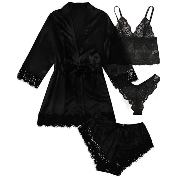 Dam 4-delad pyjamas satin pyjamas set med morgonrock Black 2XL