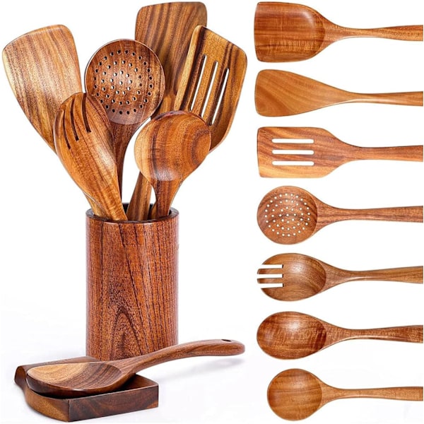 9 Dele Træ Køkkenredskabssæt, Teak Køkkenredskaber med Holder, Træske og Non-Stick Træspatel