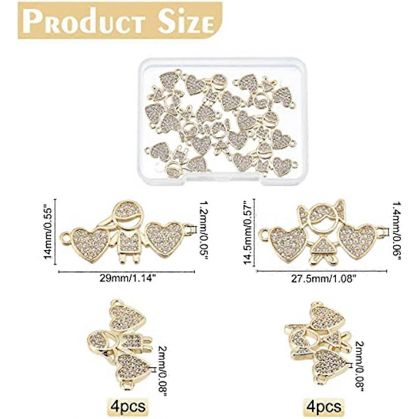 8 stk. 2 Stilarter Hjerte med Piger og Drenge Rhinsten Charms Messing Links Konnektorer Klare Cubic Zirconia Links Charm Guldbelagte CZ Sten Charms til Smykker