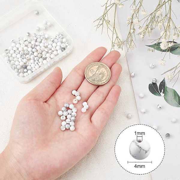164 stk. Naturlige Howlite Perler Hvide 4mm Runde Ædelsten Løse Energi Sten Helbredende Perler Spacer Perler til Armbånd Halskæde Smykkefremstilling og DIY Håndværk