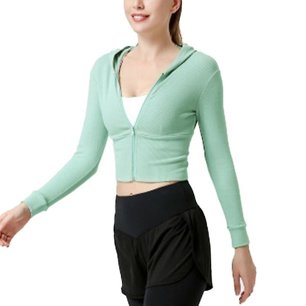 Kvinnors korta toppar sweatshirts långärmad full dragkedja huvtröja smal ribbad träningsjacka för S Light Green