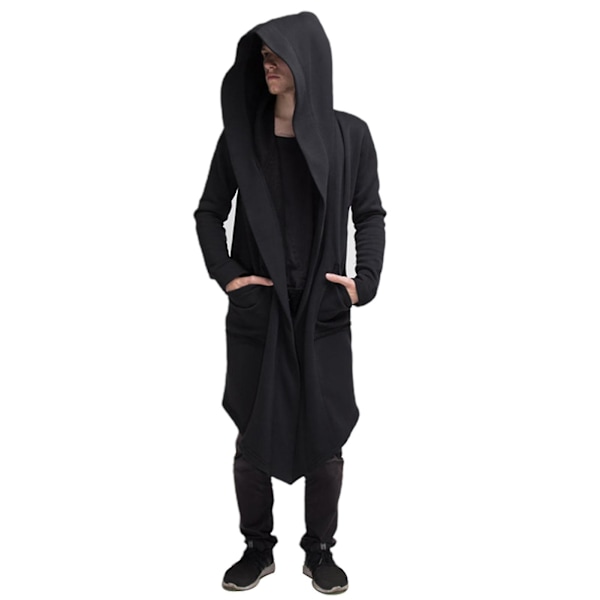 Herr lång draperad huvtröja med två fickor långärmad lös casual långline M Black