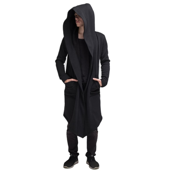 Lang draperet hættecardigan til mænd med to lommer, lange ærmer, løs, afslappet lang model M Black