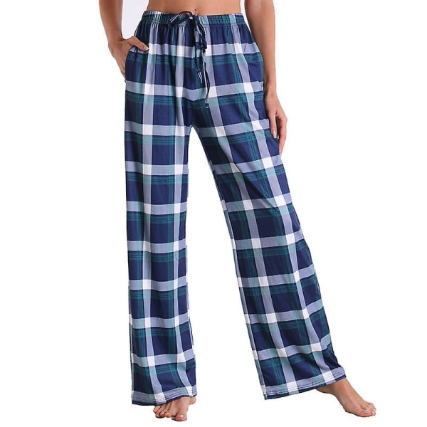 Dam pyjamasbyxor stretch loungebyxor rutig pyjamasunderdel Blue M