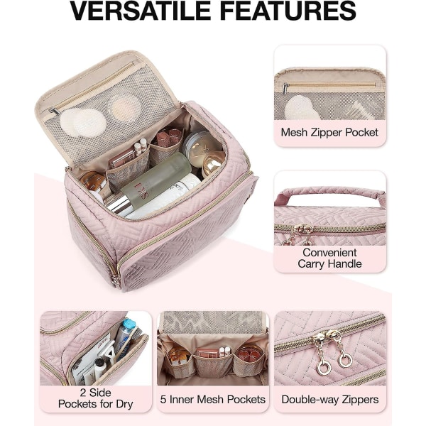 Rese-necessär, stor vidöppen resväska för toalettartiklar, smink-kosmetisk resväska med handtag Pink Large