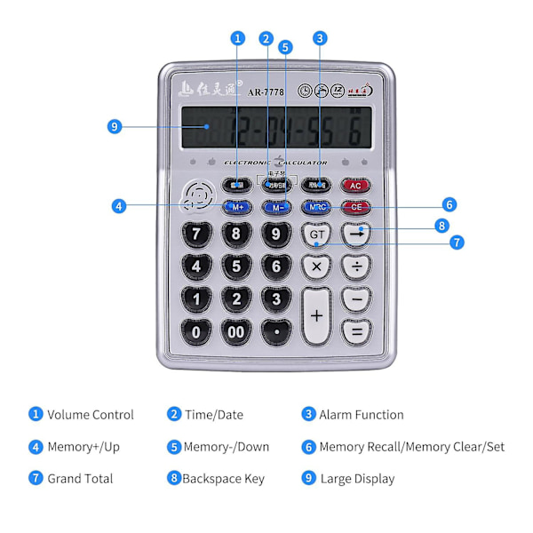 Lommeregner 12 Cifre LCD Display Elektronisk Lommeregner Tæller Store Knapper Tid Dato Visning