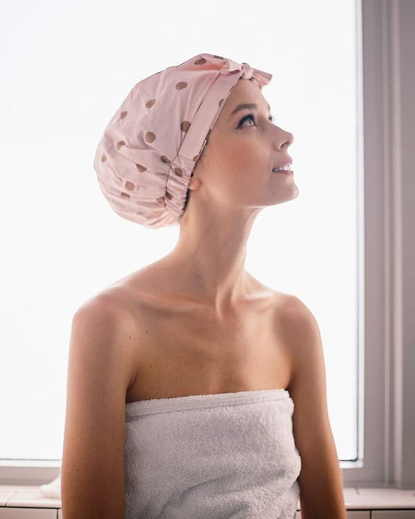 Luksuriøs dusjhette for kvinner, vanntette badehetter med sløyfe, gjenbrukbare dusjhetter, multifunksjonell dusjhette, hodeplagg for hjemmebad Blush Dot