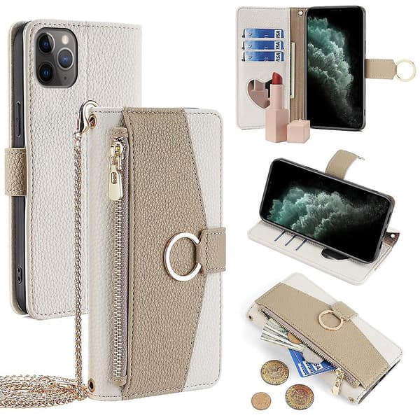 Fodral för iPhone 11 Pro med dragkedjeficka, telefonväska, stativ och sminkspegel - Vit White Style E iPhone 11 Pro