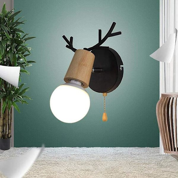 Nordisk Moderne Design Hjortegevir Formet Vegglampe i Tre med Trekksnorbryter E27, svart, uten Pære