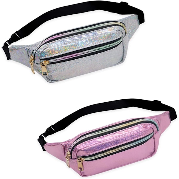2-pack bältesväska, glänsande holografisk vattentät neonbältesväska för kvinnor, midjeväska med justerbart bälte för fest, resor, vandring, löpning och utomhusaktiviteter