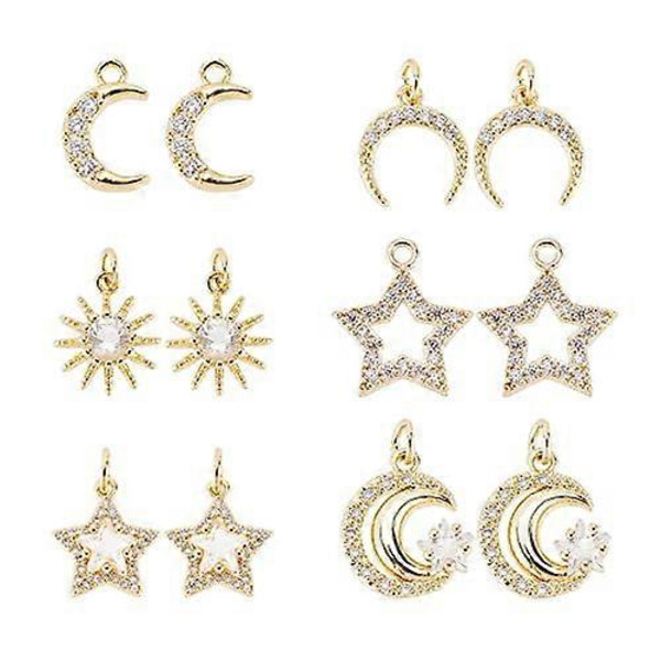16 st 8-stilar Mässing Micro Pave Kubisk Zirkonia Berlocker Rhinestone Kristall Måne Stjärnberlocker Planet Stjärniga Berlocker Hängande Berlocker för Armband Halsband E