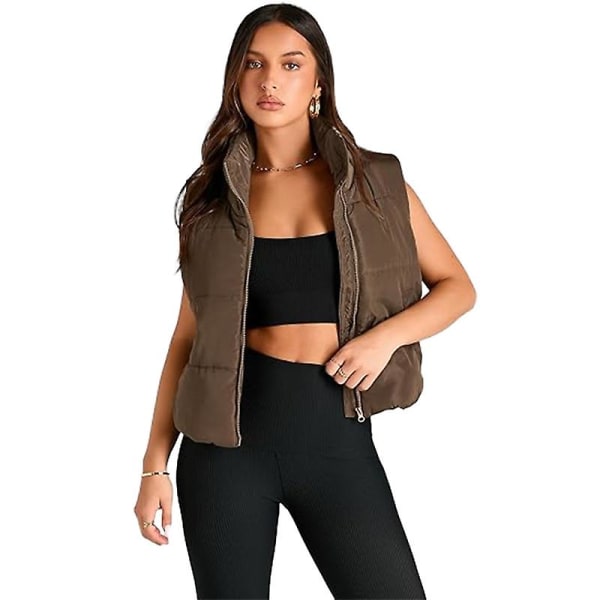 Puffer väst dam ärmlös vinter beskuren ståkrage dun ytterkläder Khaki XL