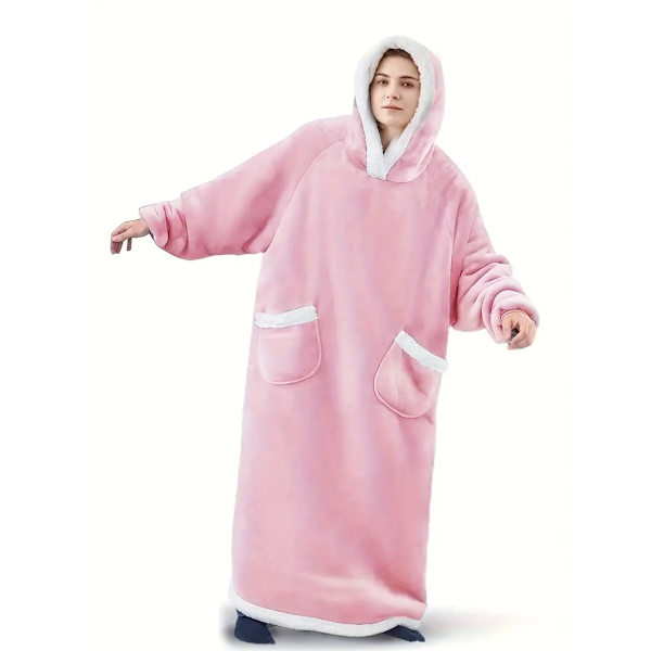Casual loungewear-morgenkåbe i store størrelser, tyk Sherpa fleece varm ekstra lang oversized bærbar tæppe til damer med lommer (længde: 150 cm) Pink