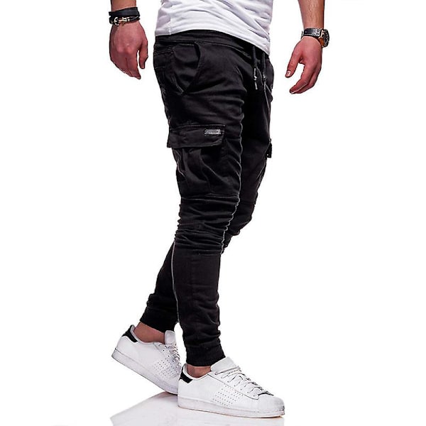 Mænds Cargobukser med Lommeflap, Snørelukning og Elastisk Talje Black M