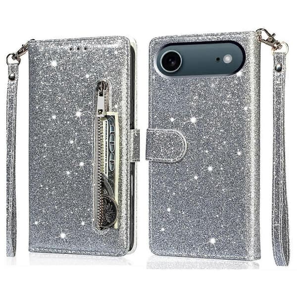 För iPhone 17 Air Stativfodral Glitter Telefon Läderfodral Dragkedjeficka - Silver Silver Multicolor