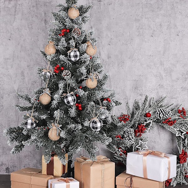 Julepynt Trepynt, 12 stk. Buffalo Plaid Jute Gårdshus Julepynt, Svart Hvit Landlig Juledekor