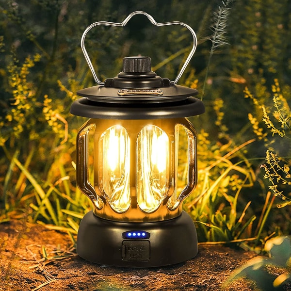 Vintage LED USB Genopladelig Campinglampe Dæmpbar Varm Hvid 5200mah Powerbank Til Camping Fiskeri Vandring Hule Sort