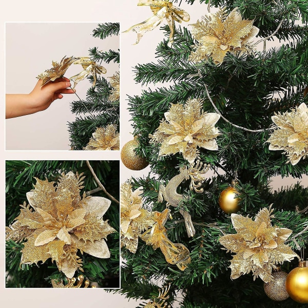12 st julblommor, konstgjorda julblommor, glitter julstjärna julgransprydnader, glitter julgran, konstgjorda blommor jul