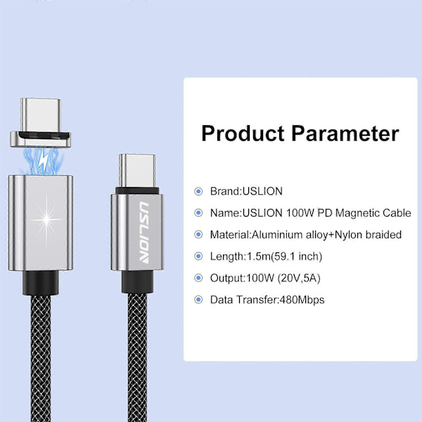 Magnetisk USB C-kabel 100W (20V/5A MAX), USB-C til USB-C-kabel, Dataoverførsel USB-opladerkabel til bærbar computer