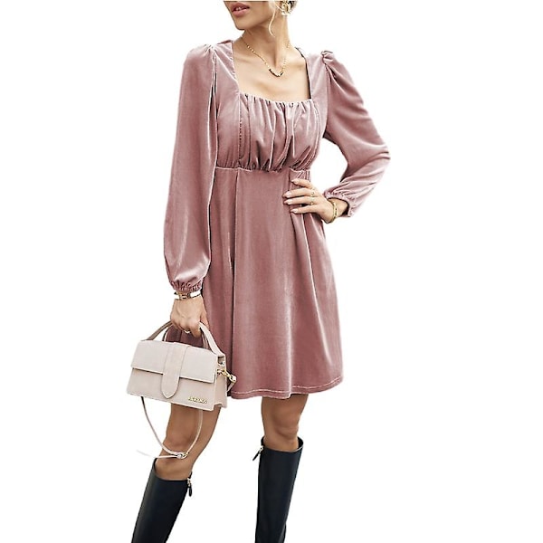 Dame Fløjlskjole med Firkantet Hals, Vintage Kjole med Lange Ærmer Pink XL