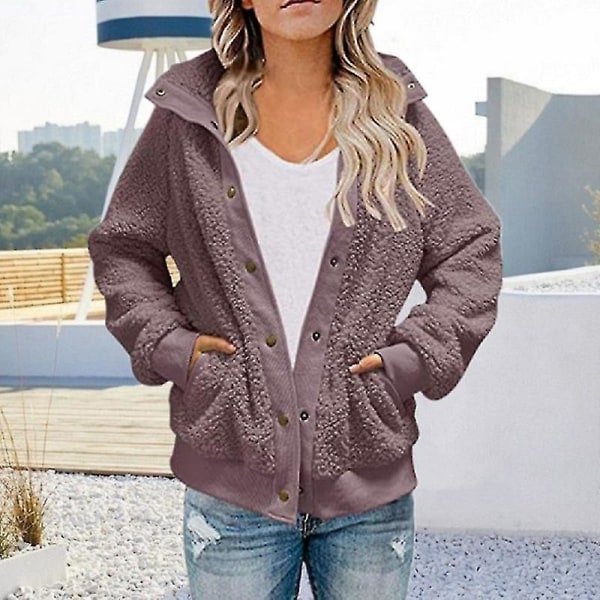 Kort Vinter Cardigan til Kvinder Langærmet Plys Frakke Med Dobbelte Lommer Ensfarvet 4XL Khaki