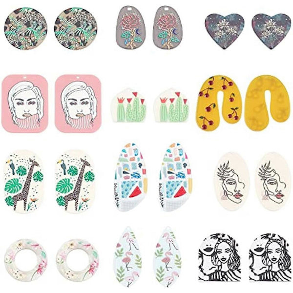 12 Stilar Cellulosa Acetat Hartsberlocker Stora Berlocker 24st Rosblomma Hjärta Tåre Rektangel Donut Hartsberlocker 3D-Prinsade Stora Blomberlocker fo