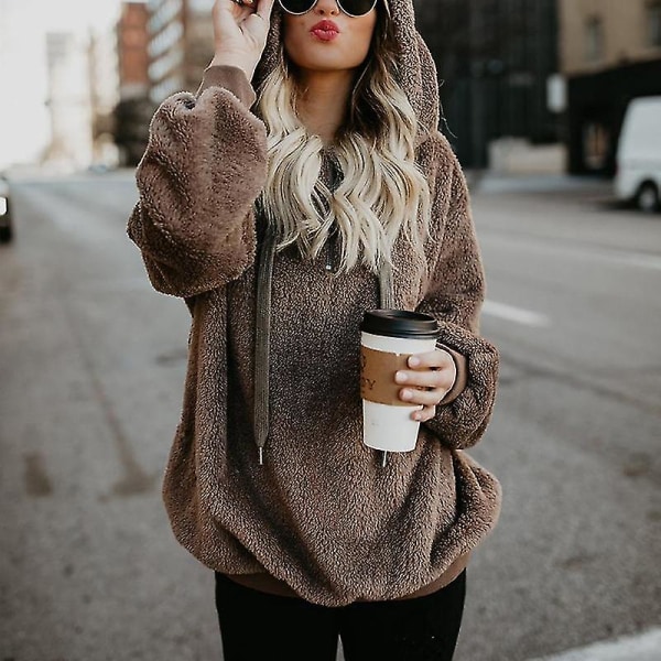 Mjuk och fluffig sweatshirt för kvinnor, höst och vinter, varm dragkedja upp huvtröja pullover med S Block Color Khaki