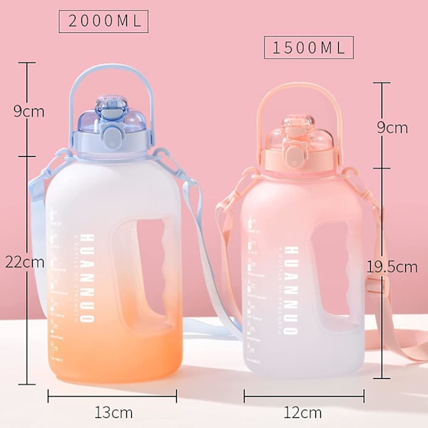 2,2 Liters Vandflaske BPA Fri 2,2l Drikkflaske Med Strå & Tidsmarkeringer Vandflaske Gradient Farver