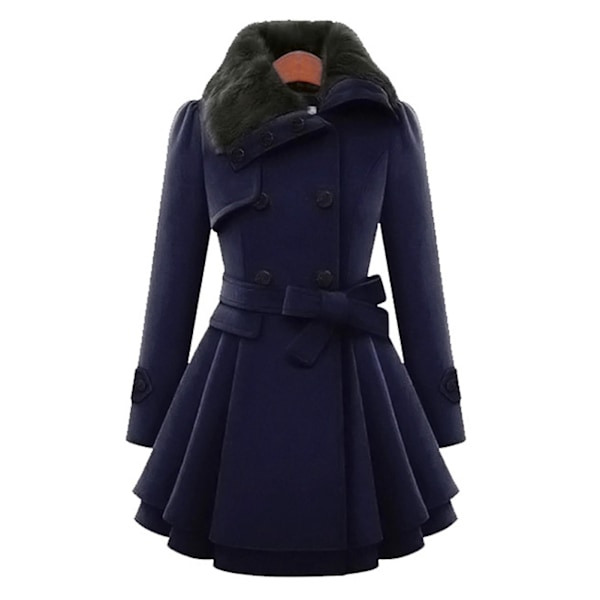 Dame Dobbeltradet Vinterjakke Vintage Mode Trenchcoat Ensfarvet L Navy Blue